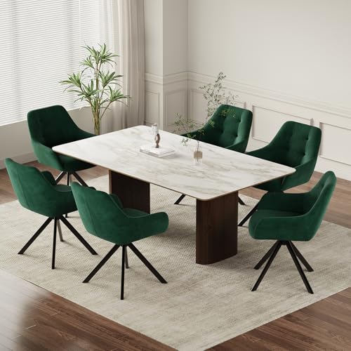 COLAMY 360° Swivel Dining Chairs Set of 6 with Sturdy Metal Base – Luxury Velvet Upholstered Kitchen Chairs with Thick Padded Seat, Button-Tufted Backrest for Home, Dining Room, or Café,Green