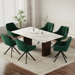COLAMY 360° Swivel Dining Chairs Set of 6 with Sturdy Metal Base – Luxury Velvet Upholstered Kitchen Chairs with Thick Padded Seat, Button-Tufted Backrest for Home, Dining Room, or Café,Green