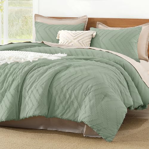 Litanika Oversized King Comforter Set, 3 Pcs Boho Tufted Bedding Set - Sage GreenNeutral Lightweight Fluffy Chevron Textured Bohemian Bedding Set Gift Choice