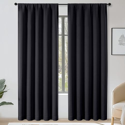 OWENIE Sally Black Blackout Curtains 90 Inches Long 2 Panels Set for Bedroom Living Room, Solid Thermal Insulated Privacy Room Darkening Window Treatment Drapes, 2 Pcs Each W50 x L90 Inch, Black
