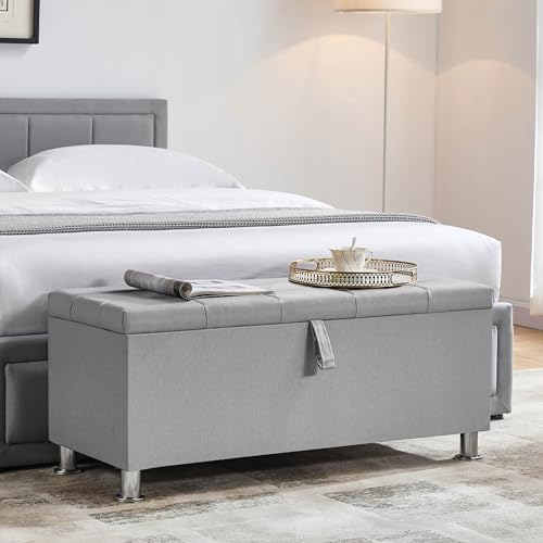 Vida Designs Valencia Storage Ottoman, Fabric in Light Grey Linen, 100x40x44cm - Storage Ottoman with Lift-Up Lid, Ideal for Toys, Bedding & Footstool Use - UKFR Certified
