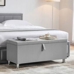 Vida Designs Valencia Storage Ottoman, Fabric in Light Grey Linen, 100x40x44cm - Storage Ottoman with Lift-Up Lid, Ideal for Toys, Bedding & Footstool Use - UKFR Certified