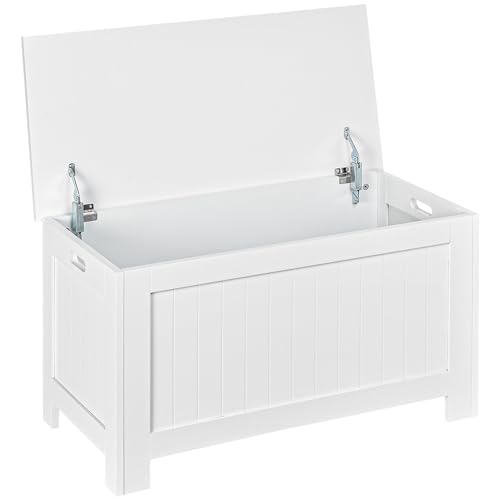 HOMCOM Lift Top Storage Chest with Lid, Safety Hinges, Blanket Box, White