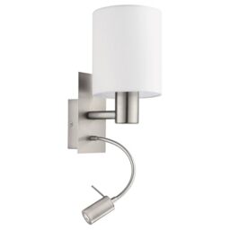 Eglo Pasteri LED wall Light, Nickel Matt Steel and White Fabric Wall Lamp