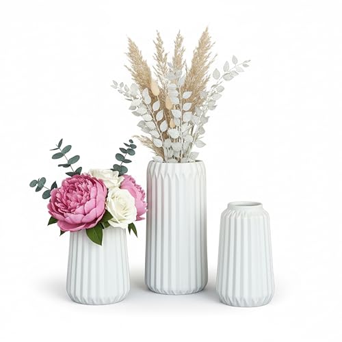 Relaxdays Set of 3 Ceramic Vases for Fresh & Dried Flowers, Decorative Table Decor, 20×10×10 cm, White