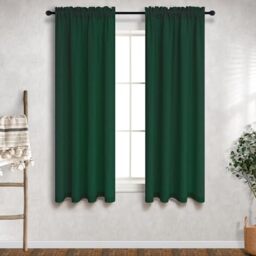 Mrs.Naturall 36x45 Inches Long Hunter Green Linen Curtains for Living Room Rod Pocket Bedroom Drapes Light Filtering Semi Sheer