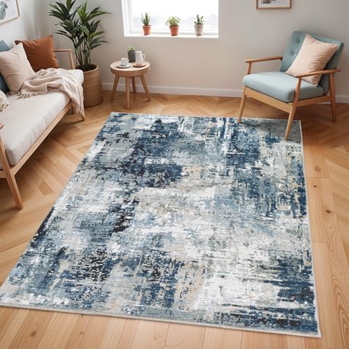 Livabliss Paris Abstract Rug - Area Rugs Living Room 120x170 cm, Dining Room, Lounge, Kitchen, Bedroom - Modern Marble Large Rug, Soft Luxurious Easy Care Medium Pile, Blue, Grey and Beige