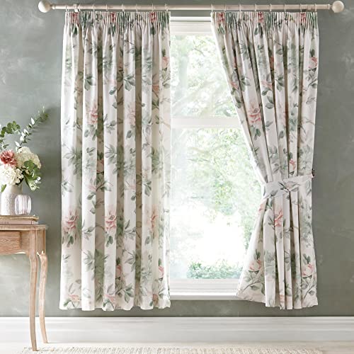 "Appletree Heritage - Campion - 100% Cotton Pair of Pencil Pleat Curtains With Tie-Backs - 66"" Width x 72"" Drop (168 x 183cm) in Green/Coral"