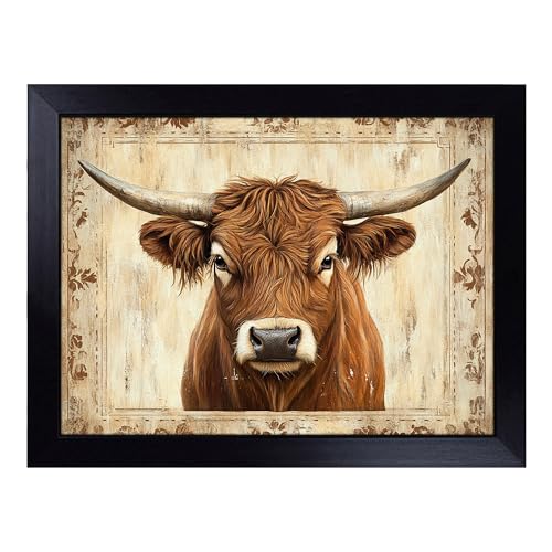 Lap Tray with Bean Bag Cushion, Vintage Highland Cow - Handmade in the UK, Raised Wooden Edge, Padded Cushion, Heat-Resistant Wipe-Clean Surface, for Meals, Laptops and Crafts