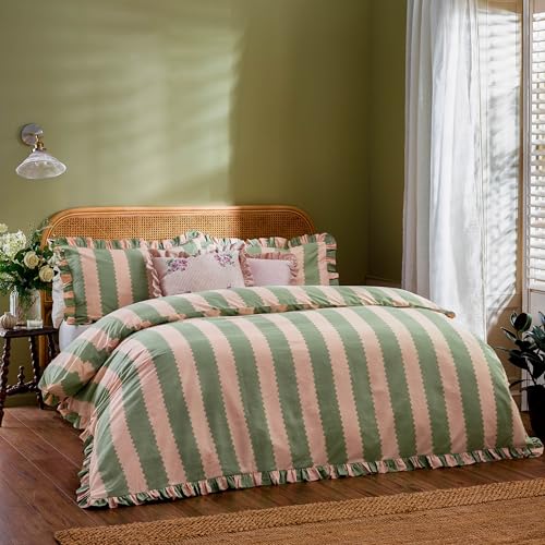 Wylder Birdie Stripe Duvet Cover Set – Reversible Cotton Rich Frilled Cottagecore Stripe Design with Ruffle Trim (Pink/Green - Single)