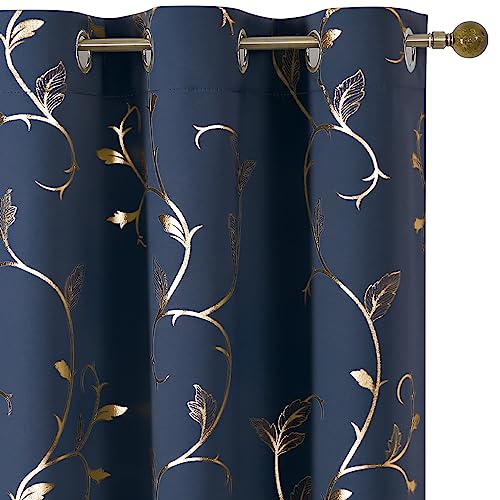 BUHUA Blackout Curtains Gold Foil Print Flower Vine Grommet Drapes, Room Darkening Thermal Insulated Curtains, Noise Reducing Blackout Curtain for Bedroom, Navy Blue, 38Wx63L, 2 Panels