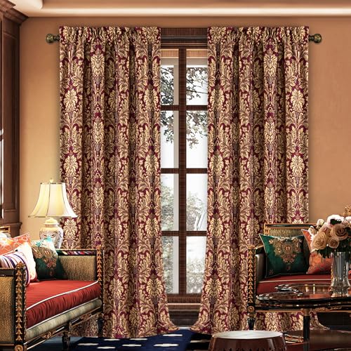 Loom and Mill Luxury Jacquard Curtains for Bedroom, Burgundy Red Lined Damask Curtains 2 Panels with Tiebacks, Floral Window Curtain for Living Room Banquet Christmas Decor(52???Wx 108???L, 2 Panels)