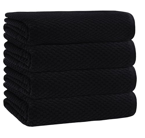 COTTON CRAFT Luxury Euro Spa Waffle Weave Bath Towel Set - 4 Oversized 100% Ringspun Cotton Towels - Super Absorbent Quick Dry - 30 x 56 Inches - Black