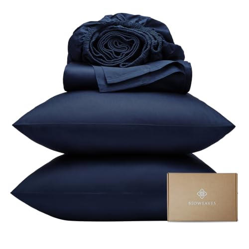 "BIOWEAVES 100% Organic Cotton Sheets, 300 Thread Count 4-Piece GOTS Certified Bed Sheet Set Fits Mattress Upto 17"" Deep Pocket, Soft & Silky Sateen Weave (Full, Navy Blue)"