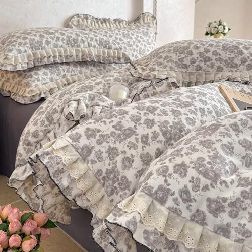 AMZTOP King Size Purple Floral Duvet Cover with Ruffle 100% Cotton Rustic Aesthetic Comforter Cover,All Season Lightweight Breathable Bedding Set with Zipper Closure.1 Duvet Cover and 2 Pillowcases