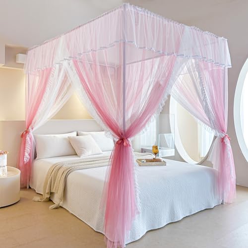 AIKASY 4 Corners Post Ruffle Princess Bed Canopy Curtain - Double Layer Cozy Drape Netting with 4 Openings - Elegant Mosquito Net for Girls and Adults Bedroom Decoration (Pink,Full)