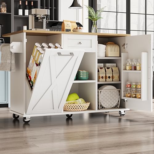 Ball & Cast Kitchen Island with Storage, Rolling Kitchen Trolley with Foldable Tabletop, Multifunctional Dining Table with Shelves, Serving Cart on Wheels, White (Dustbin Not Included)