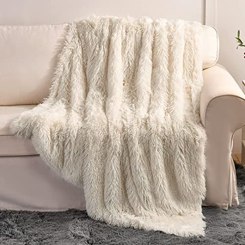 "YUSOKI Long Faux Fur Throw Blanket for Sofa Couch,2 Layers,2.1lb,All Ages,Home Decoration, (Cream White,50"" x 60"")"