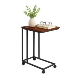 Relaxdays side table on castors, HWD 68 x 50 x 35 cm, MDF, metal, C-shape, coffee table for sliding under, brown/black