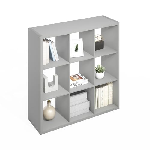 Furinno SIMPLE Cube Storage Organizer, 9-Cube Display Shelf, Open Back Shelving Unit, Storage Shelves, Extra Thick Frame, for Organization and Storage, Living Room, Home Office, Light Grey