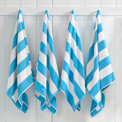 "Great Bay Home 100% Cotton Velour 4 Pack Beach Towels - Blue Cabana Stripe Pool Towels - Quick Dry, Large Swim Towels for Adults and Kids (4 Pack 30"" x 60"", Air Blue)"