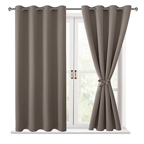 Hiasan Blackout Curtains for Bedroom, 52 x 54 Inches Long - Thermal Insulated & Light Blocking Window Curtains for Living Room/Kids Room, 2 Drape Panels Sewn with Tiebacks, Tan