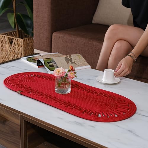 Oval Jute Table Runner - Woven Braided Dining Runner - Natural Textured Rattan Table Runner for Dining Table Coffee Table or Patio 11.8 x 27.5 (Red)