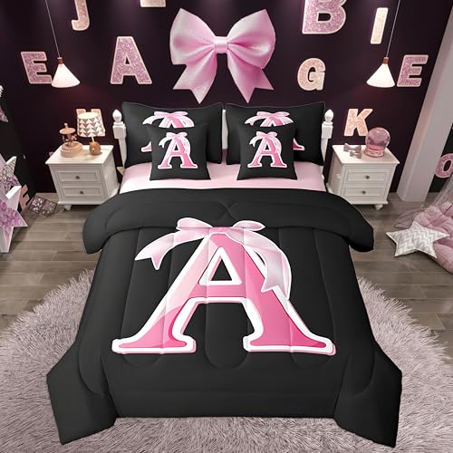 jejeloiu Kids Girls Black Pink Bow Comforter Set with Sheets Twin Size Monogrammed 7 Piece Bedding Set Personalized Initial A Bed in a Bag with Comforter,Sheets,Pillowcases Modern Fashion Bed Set