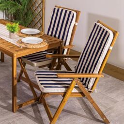 Bean Bag Bazaar Outdoor High Back Seat Pad, Navy Deck Stripe, Set of 2, Garden Chair Seat Cushion with Fibre Fill Included, Water-Resistant, Cushions with ties for Chair, Garden, Patio Furniture
