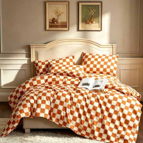 CLOTHKNOW Orange Plaid Queen Comforter Set 3Pcs Grid Bedding Comforter Sets Soft Checker Queen Comforter Burnt Orange Queen Size Comforter Sets