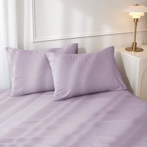 JIYUAN 100% Washed Cotton Pillowcases Set Envelope Closure Pack of 2, Linen Like Comfy and Breathable Textured Durable Bedding for All Seasons, Standsize Size,Heathered Light Purple