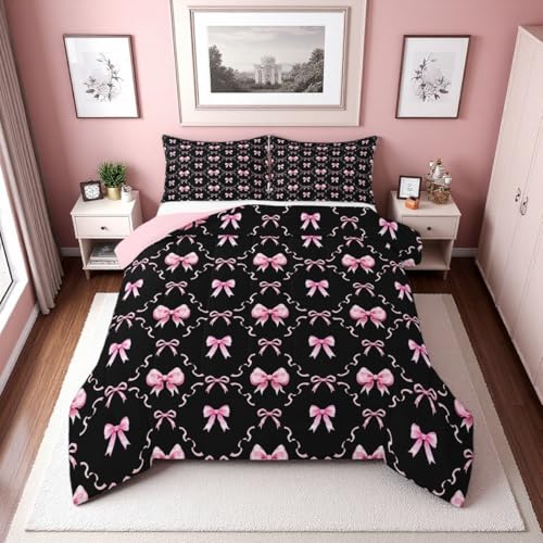 Erosebridal Pink and Black Bow Tie Twin Comforter Set for Girls - Cute Pink Ribbon Bow Bedding Sets for Kids Women, Coquette Bowtie Bed Set, Princess Bows Room Decor, 1 Pillowcase