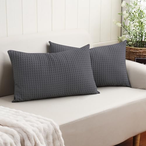 "100% Egyptian Cotton 600 TC Waffle Weave Lumbar Pillow Covers 2 Pack - Ultra Soft Breathable Rectangle Throw Pillow Covers, Decorative Cushion Covers for Bed Couch Sofa Car, Dark Grey, 12"" x 20"""