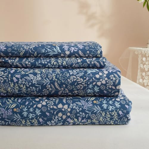 HighBuy Farmhouse Flowers Bed Sheets Full - Blue Floral Sheets Cooling Full Sheet Set 3 Piece,Garden Floral Sheets Set Luxury Soft Sheets for Twin Size Bed,Comfy Breathable Bed Sheet Set Full