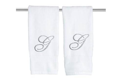 Decorvo White Monogrammed Hand Towels for Bathroom - Luxury Hotel Quality Personalized Initial Embroidered Towel for Powder Room, Spa - GOTS Organic Certified - Set of 2 Silver Letter G