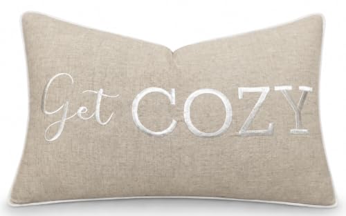 YugTex Get Cozy Quote Lumbar Pillow Cover 12x20 - Natural Linen Embroidered Accent