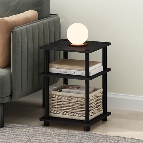 Furinno TURN-N-TUBE Side Table, 3-Tier End Table with Open Shelf, Night Stand, Bedside Table, Easy Assembly, for Living Room, Bedroom, Darkwood