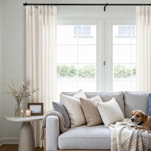 Pinch Pleated Linen Curtains 102 Inch long Memory Shape Training Pleat Drape with Hooks Rings Back Tab for Living Room Patio Glass Door Modern Neutral Cream Ivory Birch Semi Sheer 102 Inch Curtain