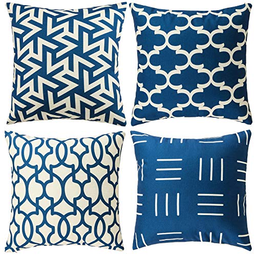 "Tosewever Set of 4 Decorative Geometric 18 x 18 Inches Throw Pillow Covers - Modern Pattern Linen Square Pillow Cushion Case for Sofa Couch Bed Home Outdoor Car (18"" x 18"", Blue/Beige)"
