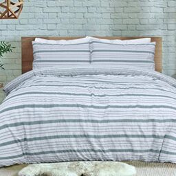 Sleepdown Stripe Seersucker Green White Reversible Duvet Cover Quilt Pillow Cases Bedding Set Soft Easy Care - Super King (220cm x 260cm), (5056242893462)
