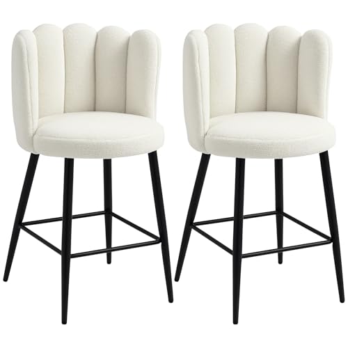HOMCOM Bar Stools Set of 2, Modern Boucle Upholstered Shell Barstools, Breakfast Bar Chairs with Backrest, Footrest and Steel Base for Kitchen Counter, Cream