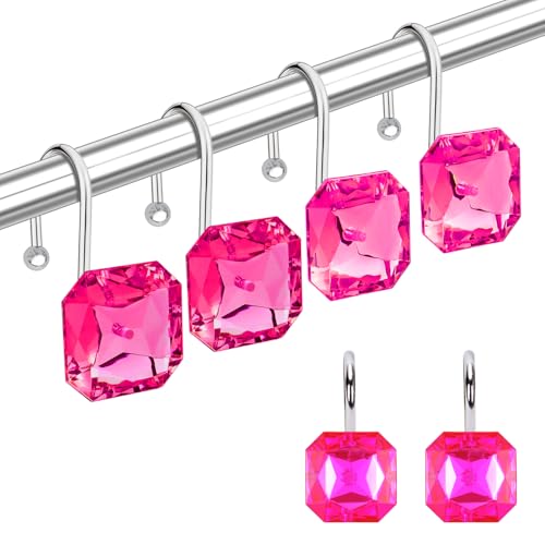 Yapicoco Shower Curtain Hooks Rings for Bathroom, Stainless Steel Rust Resistant Decorative Rhinestones Square Purple Shower Hooks Hangers for Shower Curtains, Clothing, Towels, etc. (Hot Pink)