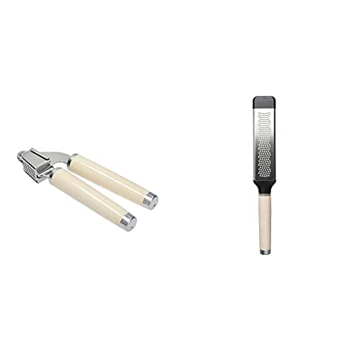KitchenAid Garlic Press Crusher, Strong Stainless Kitchen Utensil, Removable Basket, Almond Cream + KitchenAid Etched Cheese Grater, Stainless Steel Two-Way Paddle Fine Grater ??? Almond Cream