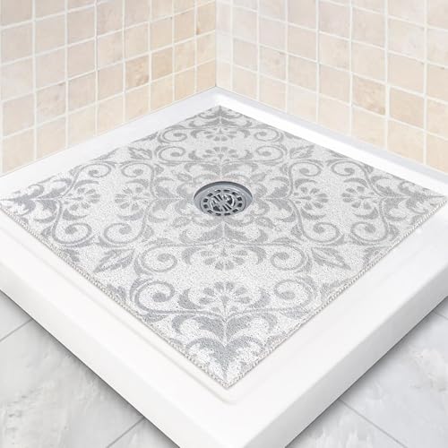 Square Shower Mat Non Slip: 36 x 36 Inch Extra Large Shower Mats with Drain Hole in Middle - PVC Loofah Anti Slip Shower Floor Matt for Inside Shower