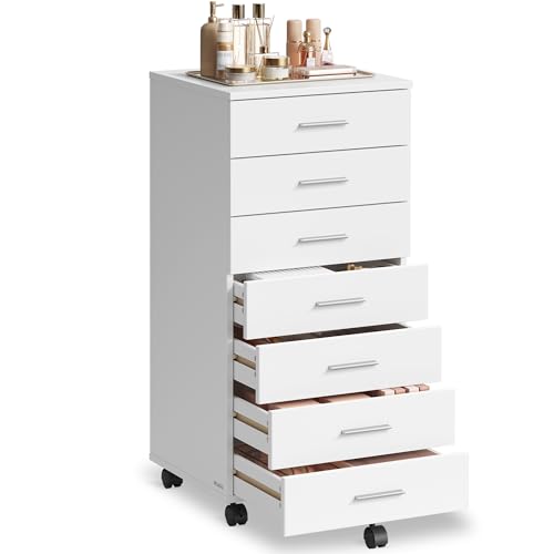 VASAGLE Rolling Filing Cabinet, Pedestal File Cabinet with Wheels, Printer Stand with 7 Drawers, Tool-Free Sliding Rails, for Study, Home Office, Cloud White OFC085WB02