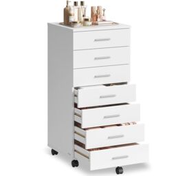 VASAGLE Rolling Filing Cabinet, Pedestal File Cabinet with Wheels, Printer Stand with 7 Drawers, Tool-Free Sliding Rails, for Study, Home Office, Cloud White CUSTOS Collection OFC085WB02