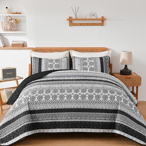 "WONGS BEDDING Boho Quilt Set King Size, Grey Bohemian 3 Pieces Quilt Sets, Lightweight Bedspread Coverlet Bedding Set for All Season (104""x90"")"