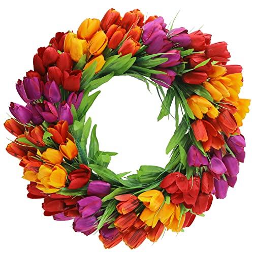 U'Artlines 20Inch Tulip Wreath for Front Door, Spring Summer Silk Wreath with Green Leaves Artificial Tulip Flower Wreaths for All Seasons Window Wall Wedding Valentines Day Decor