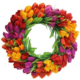 U'Artlines 20Inch Tulip Wreath for Front Door, Spring Summer Silk Wreath with Green Leaves Artificial Tulip Flower Wreaths for All Seasons Window Wall Wedding Valentines Day Decor