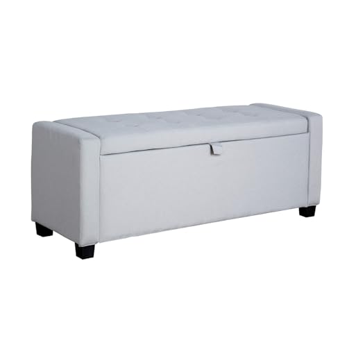 Home Source Storage Ottoman, Lift Up Lid Chest, Footstool Bench, Bedding Blanket Toy Box, Deep Button Detail, 110cm, Grey Linen